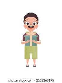 A small teenage boy is depicted in full growth and holds a gift in his hands. Birthday, New Year or holidays theme. Cartoon style, isolated.