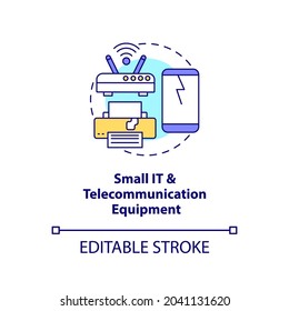 Small IT and telecommunication equipment concept icon. E-waste category idea thin line illustration. Mobile telephones, routers, laptops. Vector isolated outline RGB color drawing. Editable stroke