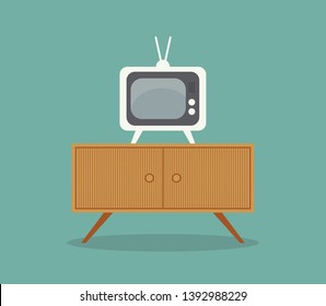 A small television on an old table without wire on it vector color drawing or illustration