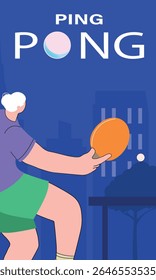Small tennis championship, activity. Vector illustration sport recreation in city park, woman with gray hair plays table tennis. Poster sport ping pong club, competition.