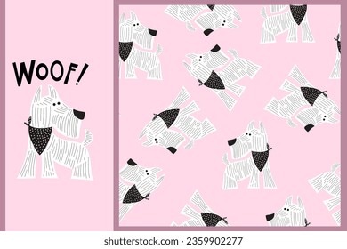 Small terrier dog and additional seamless pattern. Hand drawn kids set for decor, kids apparel, wrapping paper or fabric and textile. Vector illustration.