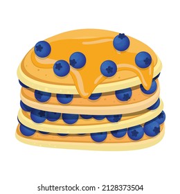 Small thick pancakes with syrup and berries. Vector illustration, flat cartoon color design, isolated on white background, eps 10.
