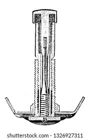 It is a small threaded metallic device having two slightly bent arms at the bottom, vintage engraved line art illustration. Bicycle Accessories - 1900