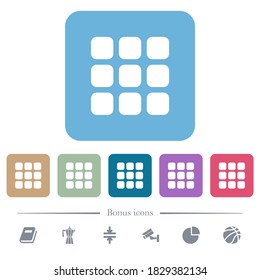 Kleiner Vorschaubild-Modus, weiße flache Symbole auf buntem, quadratischem Hintergrund. 6 Bonussymbole enthalten