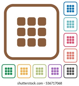 Small thumbnail view simple icons in color rounded square frames on white background