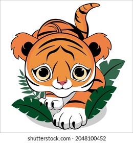 Ein kleiner Tiger krabbelt, jagt. Tigerwürfel auf Laubhintergrund. Vektorgrafik