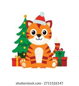 A small tiger cub resting on gift boxes beneath the Christmas tree, adding playful charm to a festive holiday scene.