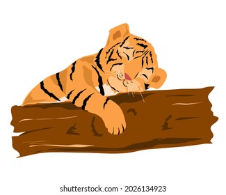 A small tiger cub sleeps near a tree with its paw on it.