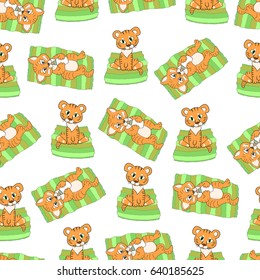 Small tiger cubs / babies  with milk bottles, lying and sitting on colorful mats. Seamless pattern on white background.