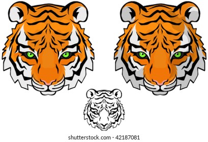 Small tiger head vector drawing, colored and black and white versions