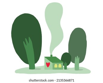 Small tiny cozy house with a heart symbol on it and smoking chimney surrounded by green trees on a white background isolated - vector illustration 