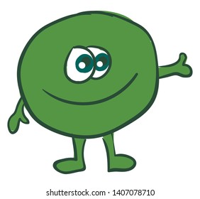 A small tiny green round peas with face and two hands and legs, vector, color drawing or illustration. 