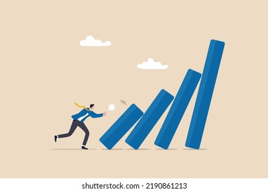 Small tiny habits to change or increase productivity, efficiency or improvement, easy way to win business success or make a big impact concept, businessman pushing tiny domino to make bigger one fall.