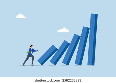 Small tiny habits to change or increase productivity, businessman pushing tiny domino to make bigger one fall