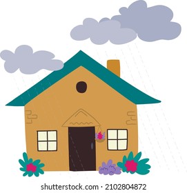 Pequeña casita florida en tiempo lluvioso. Un paisaje de primavera. Fuera de casa. Fondo gráfico vectorial.