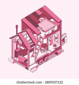 Small Tiny house.  Modern Mobile Trailers. Vector Illustration.