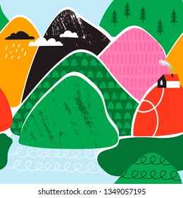 Small tiny house, mountains, lake and trees. Paper cut style. Flat design. Scandinavian style illustration. Hand drawn trendy vector seamless pattern