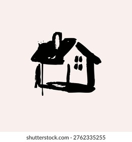 Small tiny House. Paint brush cartoon minimal, quirky grunge style. Hand drawn Vector illustration. Isolated black and white design element. Building, sweet home, real estate concept. Logo template