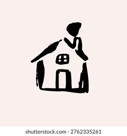 Small tiny House. Paint brush cartoon minimal, quirky grunge style. Hand drawn Vector illustration. Isolated black and white design element. Building, sweet home, real estate concept. Logo template