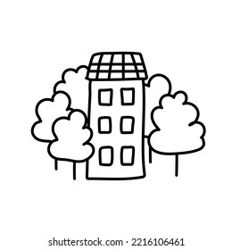 Small tiny house and trees. Paper cut style. Doodle design. A small high-rise building among the trees. Cute children's drawing of a house. Hand drawn trendy illustration