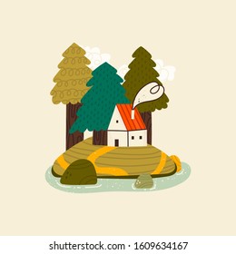 Small tiny house in the woods on the island. River, stones. Summer, autumn mood. Flat design. Scandinavian style. Hand drawn trendy vector illustration. Cartoon style. Landscape view