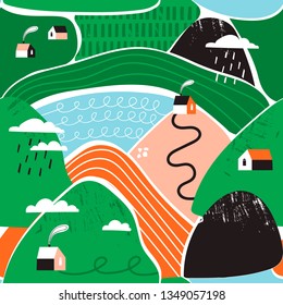Small tiny houses, mountains and hills. Paper cut style. Flat design. Scandinavian style illustration. Hand drawn trendy vector seamless pattern