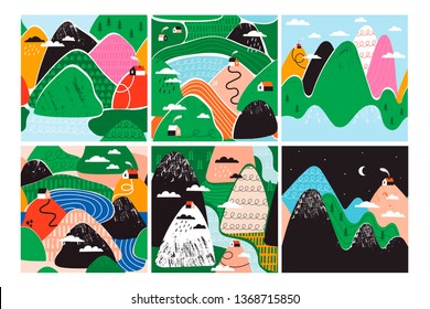 Pequeñas casas, montañas, ríos y árboles. Estilo de corte de papel. Diseño plano. Ilustración de estilo escandinavo. Conjunto de seis patrones vectoriales a la moda dibujados a mano sin fisuras. Cada patrón está aislado