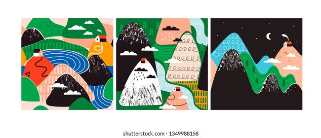 Small tiny houses, mountains and trees. Paper cut style. Flat design. Scandinavian style illustration. Set of three hand drawn trendy vector seamless patterns. Every pattern is isolated