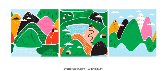 Small tiny houses, mountains and trees. Paper cut style. Flat design. Scandinavian style illustration. Set of three hand drawn trendy vector seamless patterns. Every pattern is isolated