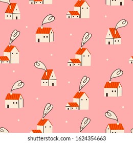 Small tiny houses with red roof. Scandinavian style. Hand drawn trendy vector seamless pattern. Pink background