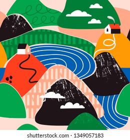 Small tiny houses, river, mountains and clouds. Paper cut style. Flat design. Scandinavian style illustration. Hand drawn trendy vector seamless pattern
