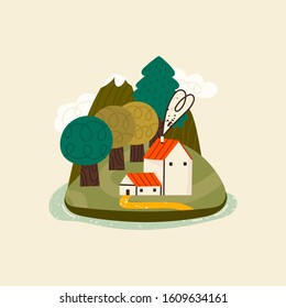 Small tiny houses in the woods on the island. River, stones. Summer, autumn mood. Flat design. Scandinavian style. Hand drawn trendy vector illustration. Cartoon style. Landscape view