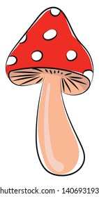 Pequeño hongo, rojo con puntos blancos, vector, dibujo de color o ilustración. 