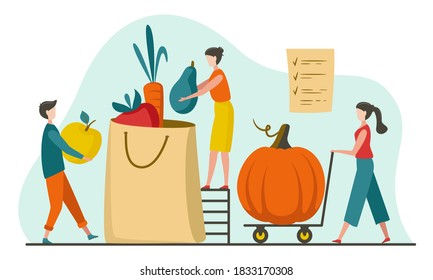 Small tiny people collect giant fruits and vegetables. Farm fresh, Eat local concept for Grocery Market, Online Store, Home Delivery. Natural organic fresh food. Vegetable and fruits farm market shop
