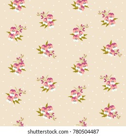 Small tiny pink pansy flowers bouquets scattered on a dotted background. Ditsy, liberty floral seamless pattern in traditional folklore style, backdrop or textile design