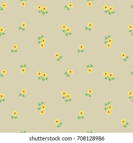 Small tiny yellow flowers with leaves scattered on the beige background. Cute ditsy liberty floral vintage seamless pattern, backdrop and textile design.