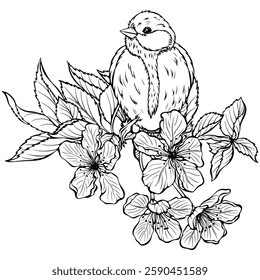 Small tit bird sitting on a branch of blooming cherry. Vector illustrations in hand drawn sketch style isolated on white. Outline graphic spring composition. Design for coloring book page, print