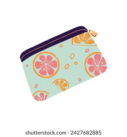 Bolso pequeño con estampado de frutas. Bolsa de maquillaje estampada. El caso de los cosméticos está cerrado en la cremallera para el cuidado de la piel, productos del cuidado del cuerpo. Rutina de belleza. Ilustración aislada plana del vector sobre fondo blanco