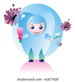A small tooth-child in a protective cocoon which protects against caries