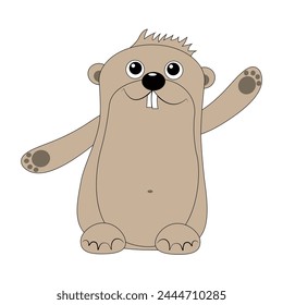 Small toothy rodent. River beaver. Brown cute animal. Flat cartoon style. Hand-drawn vector illustration on a white background for printing on clothes, card design, banner, children's room interior.