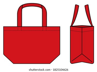 Pequeña bolsa de algodón (ecobag, bolsa de compra) plantilla ilustración vectorial (con vista lateral) / rojo