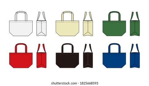 Small tote bag (ecobag , shopping bag) template vector illustration set (with side view)