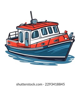 Small tourist excursion boat. Motor boat for divers or fishermen. Cartoon vector illustration. label, sticker, t-shirt printing