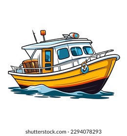 Small tourist excursion boat. Motor boat for divers or fishermen. Cartoon vector illustration. label, sticker, t-shirt printing