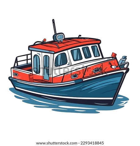 Small tourist excursion boat. Motor boat for divers or fishermen. Cartoon vector illustration. label, sticker, t-shirt printing