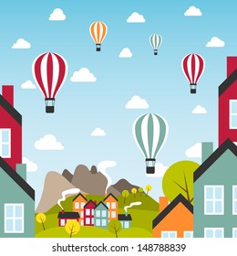 Small town with air balloons. Vector illustration.