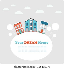 Small town background, postcard,banner design template. House buildings, home vector illustration. 