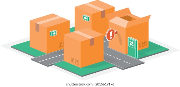 Pequeño pueblo de cajas. Embalaje urbano hecho con cajas y carteles. Ilustración vectorial de carreteras, autopistas y señales en el medio de la ciudad de cajas.