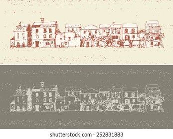 small town buildings facade arranged in line, hand drawn illustration