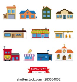 Small Town Buildings Vector Set. Collection of 11 flat design houses typical of smaller cities and villages
